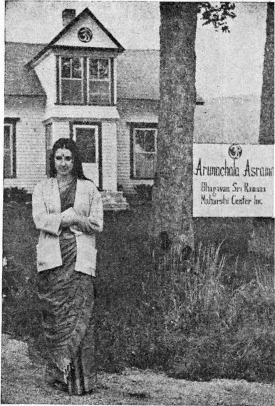 Miss Kaselow in front of the Ashrama in Nova Scotia
